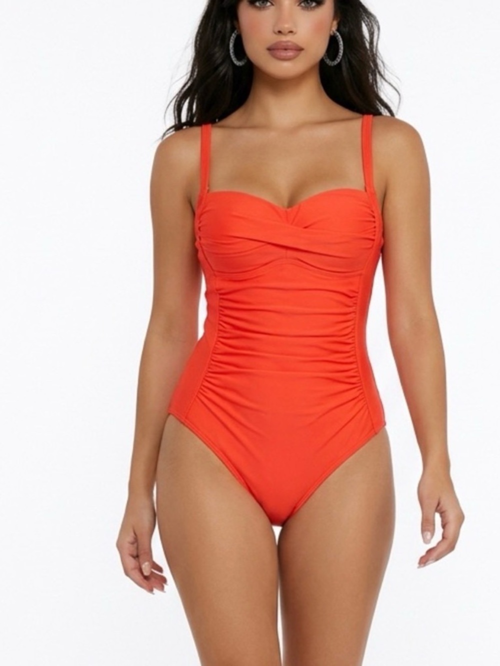 Nicole Miller STUDIO coral red ruched bandeau one piece swimsuit M